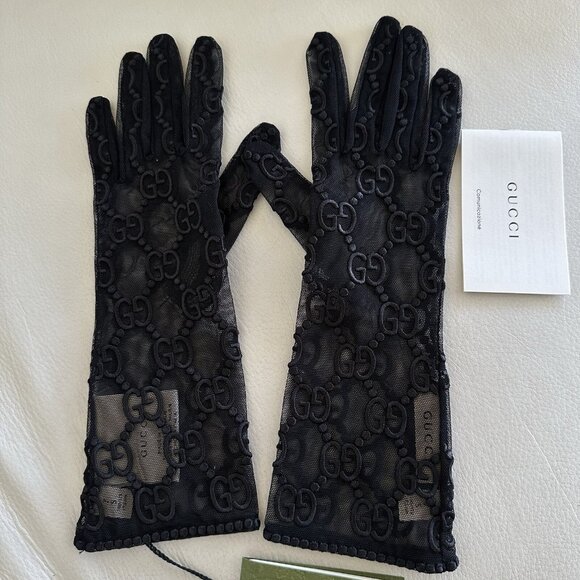 NWT GUCCI GLOVES TULLE LACE GG BLACK Sz 8.5 / L - Picture 4 of 8